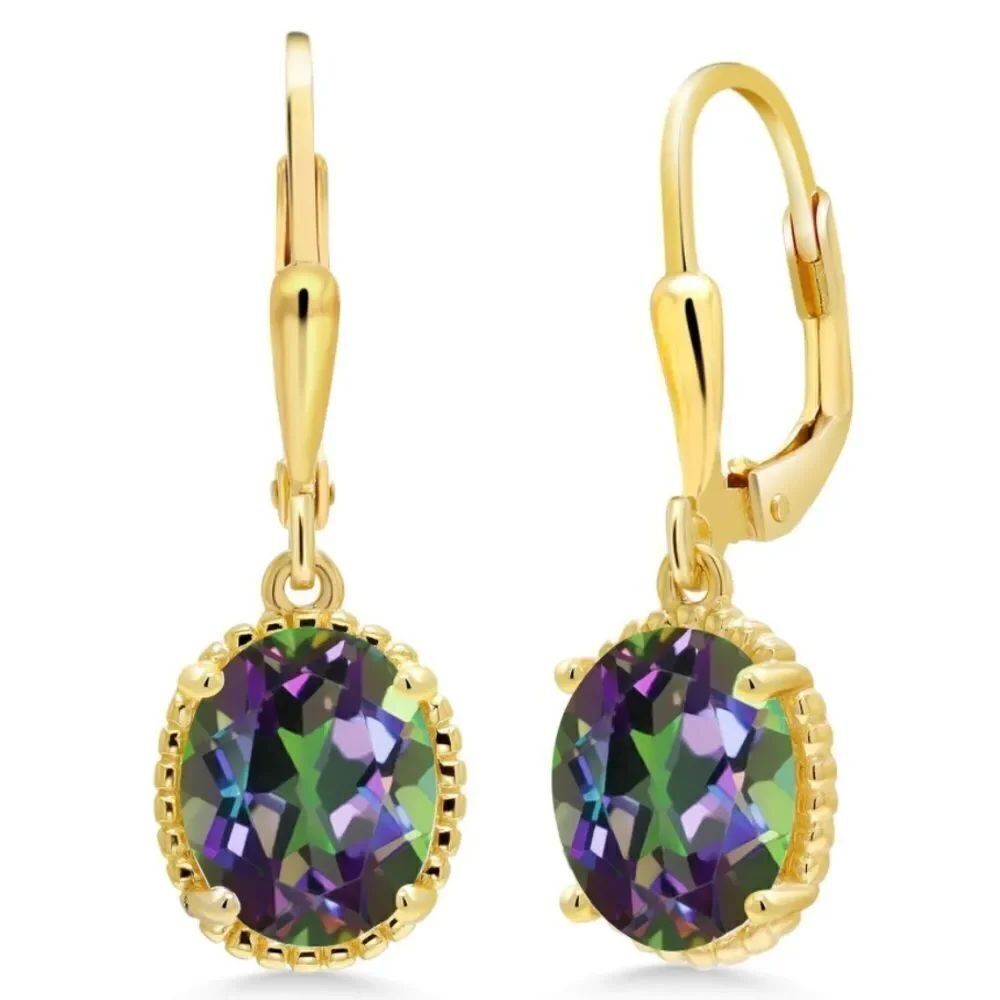 18K Yellow Gold 925 with 4.60 Cttw Green Mystic Topaz Oval Leverback Earrings